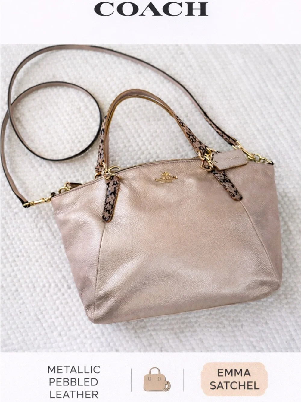Coach Emma Satchel Metallic Blush Pebble Leather Snake Trim Crossbody